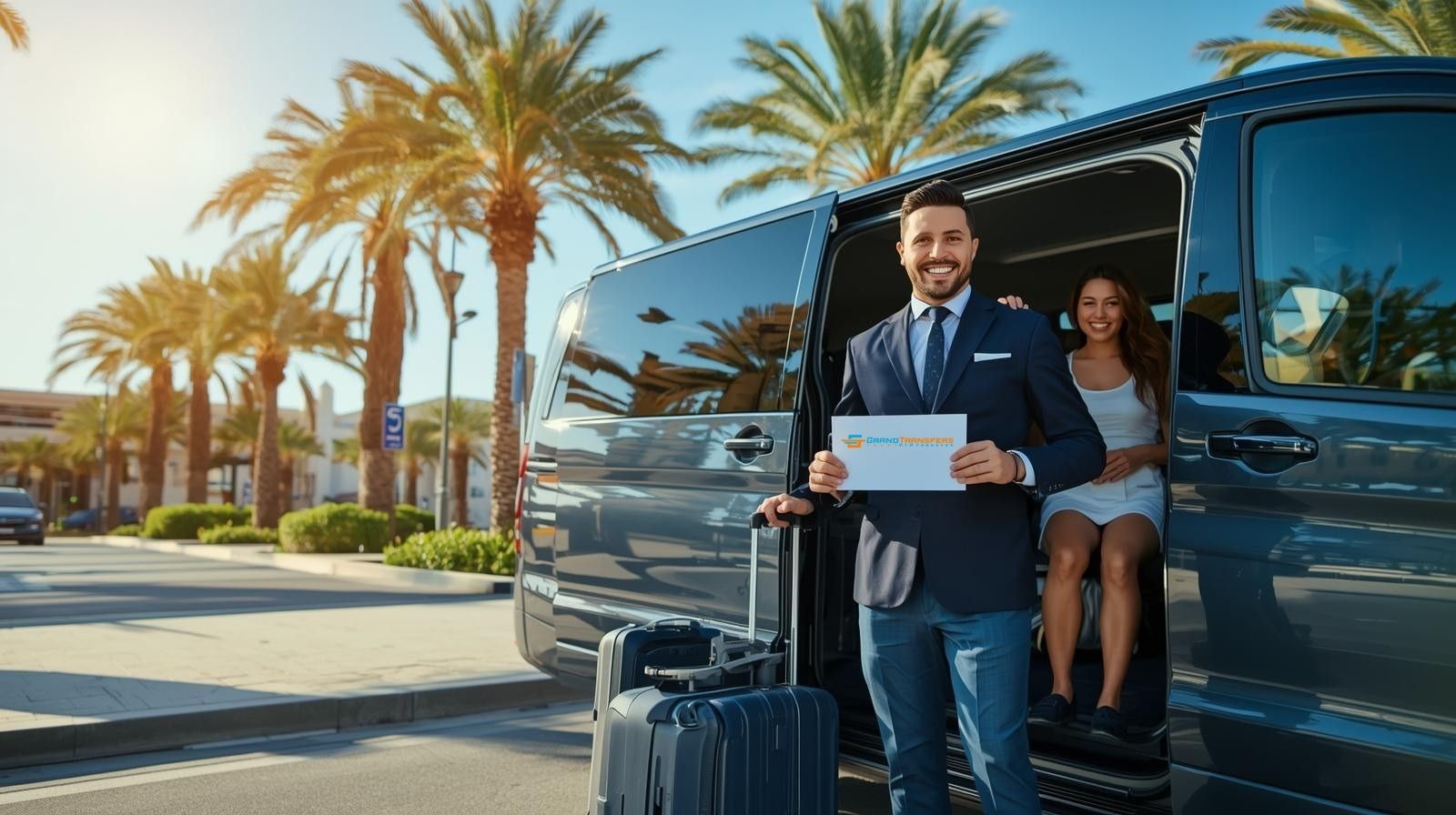 Professioneller Grand Transfers Fahrer empfängt eine Familie mit Gepäck am Flughafen Antalya.