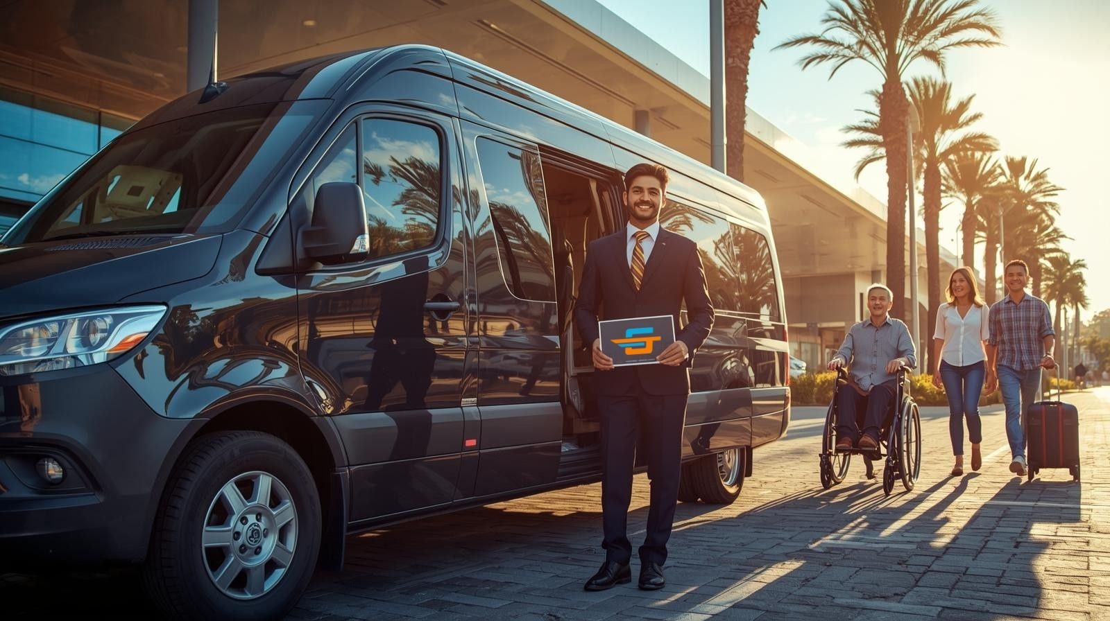 A professional driver from Grand Transfers greets a family with luggage and a wheelchair at Antalya Airport for a luxurious transfer to Kestel.