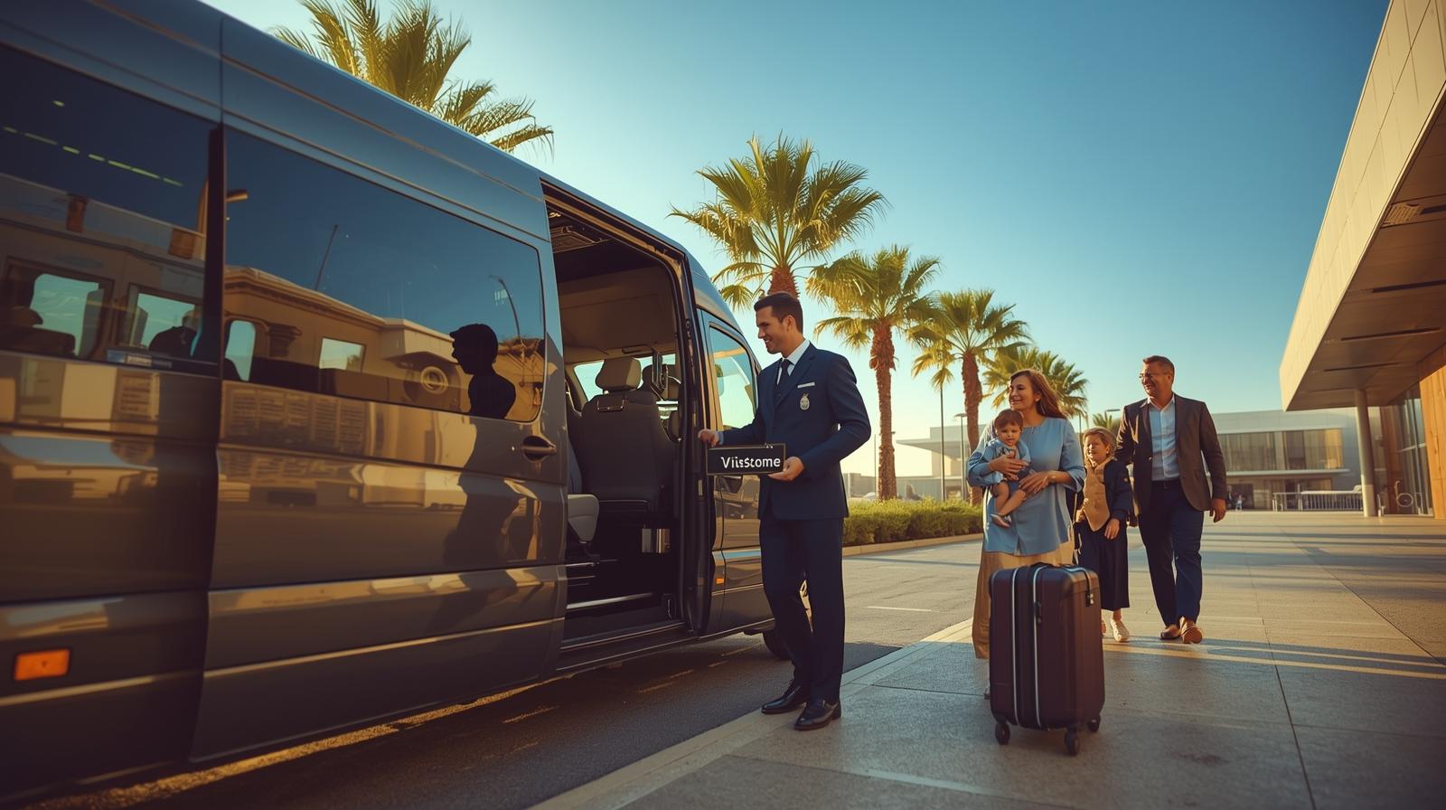 A professional driver from Grand Transfers welcomes a family at Antalya Airport for their private transfer to Mahmutlar.