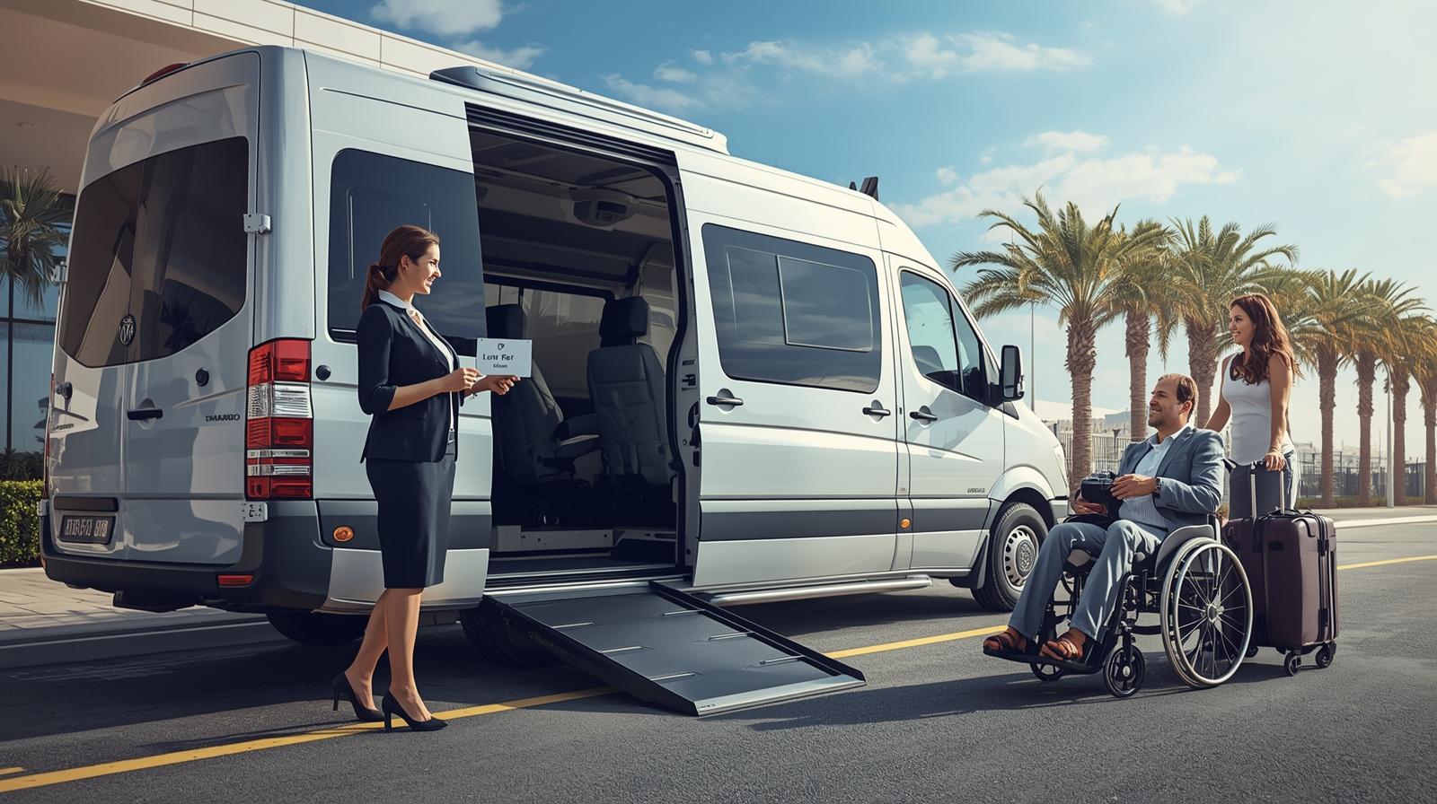  A Grand Transfers wheelchair accessible van and driver await a traveler at Antalya Airport.