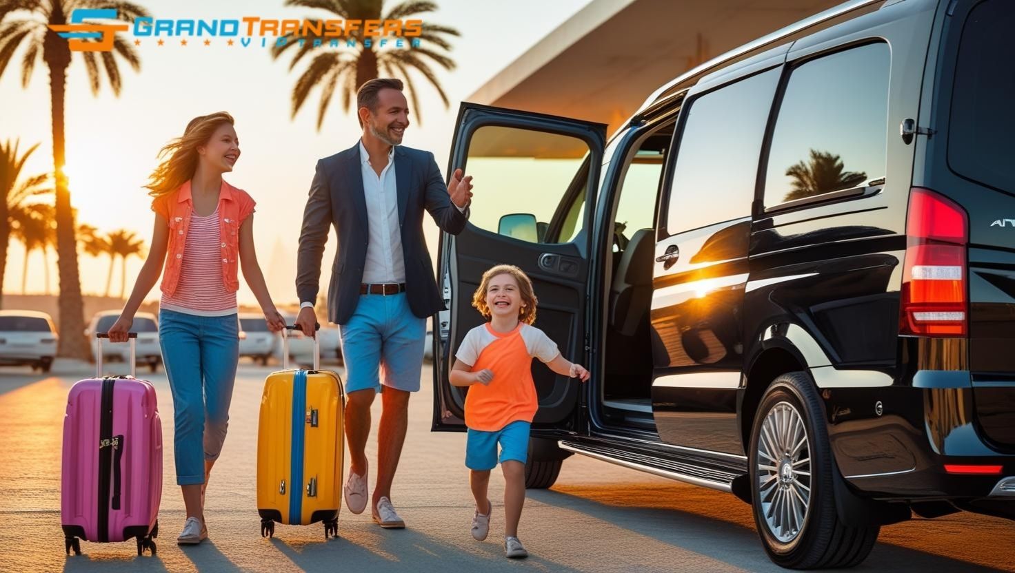 Smiling family boarding private airport transfer van with children at Antalya Airport
