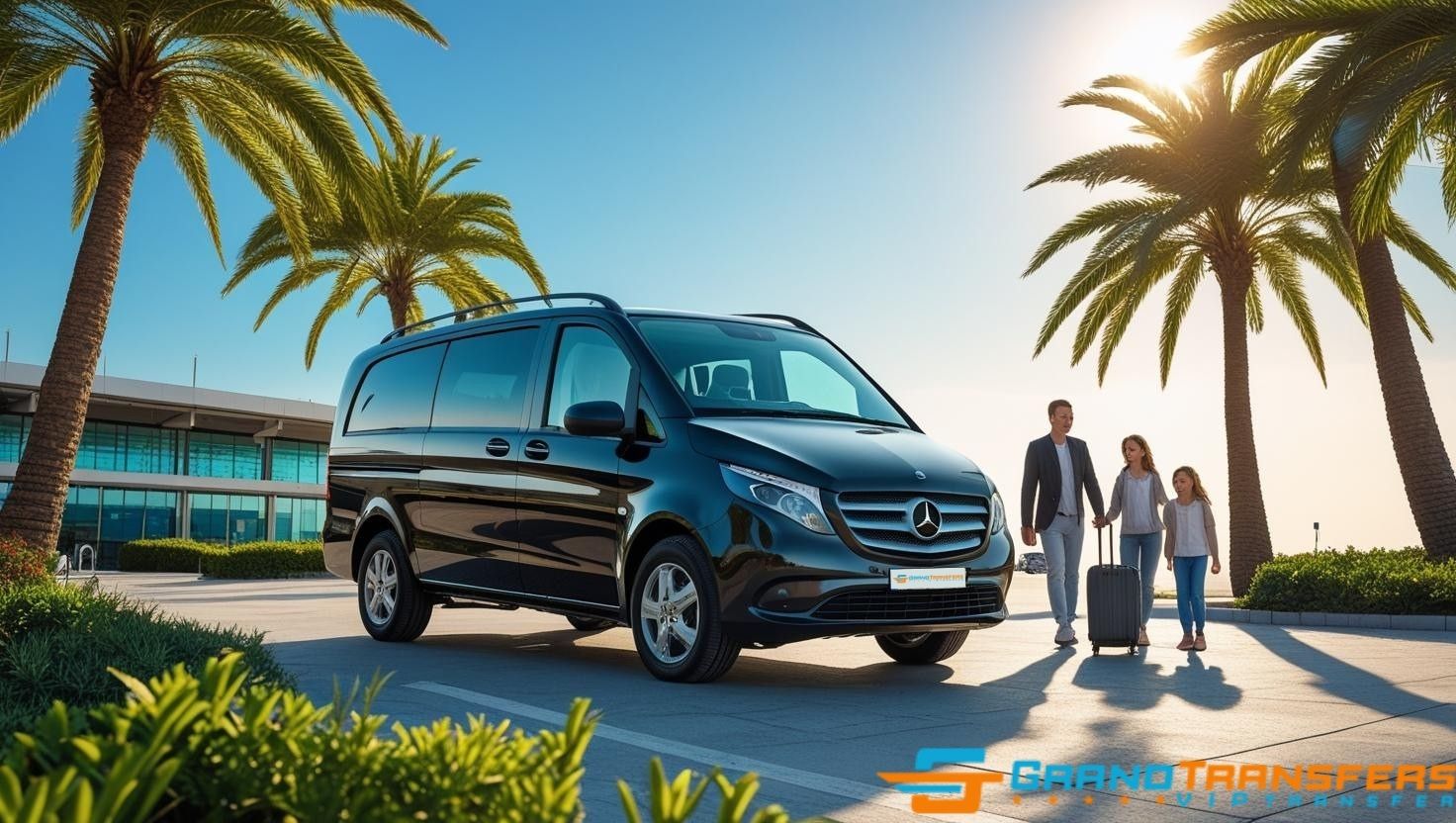 British family arriving at Antalya Airport and boarding a private taxi transfer with Grand Transfers