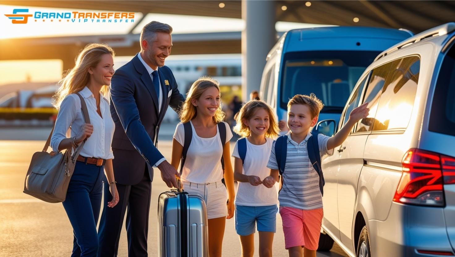 British family greeted by Grand Transfers chauffeur at Antalya Airport for a smooth and transparent airport transfer with no hidden fees.