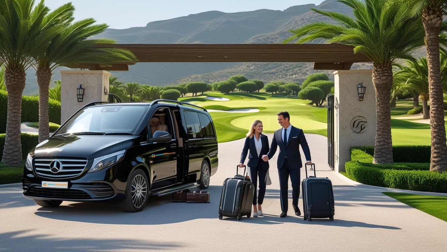 Privater Flughafentransfer vom Antalya Airport zu einem Golfhotel in Belek mit Reisenden und Golfausrüstung.