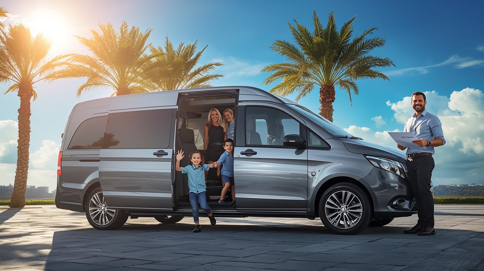 Privater Luxus-Transfer von Grand Transfers am Flughafen Antalya, bei dem ein Fahrer eine Familie am Van empfängt.