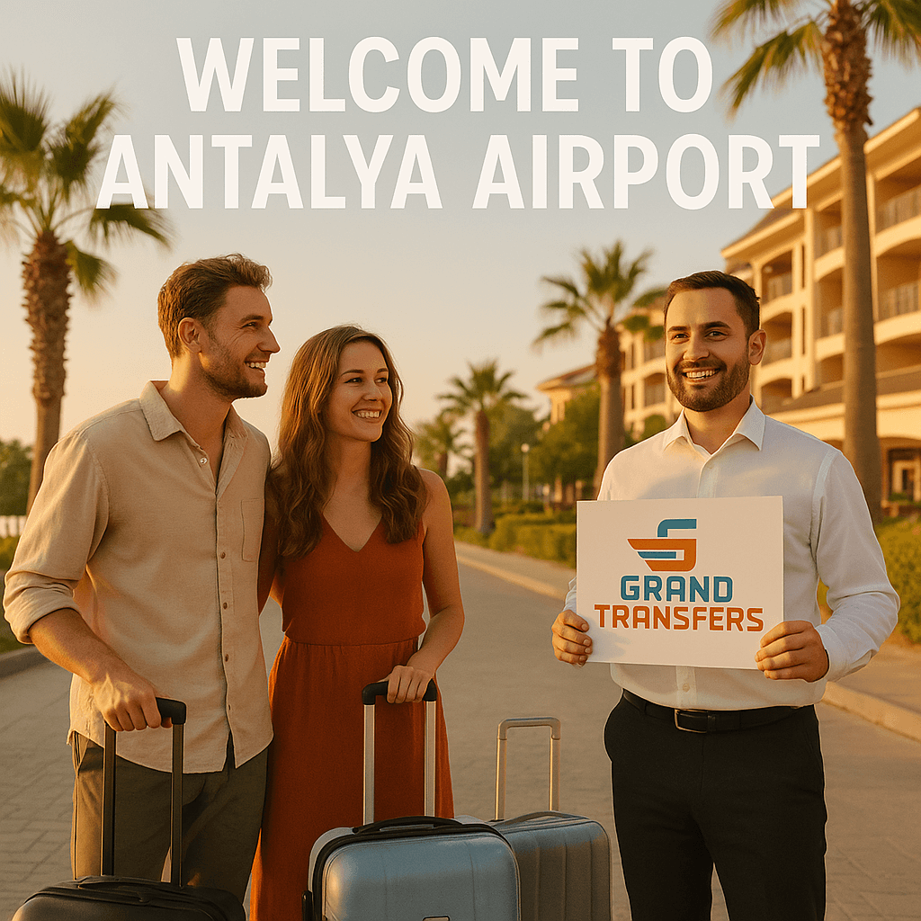 Tourists arriving at Antalya Airport for hotel transfer with a professional driver and luggage