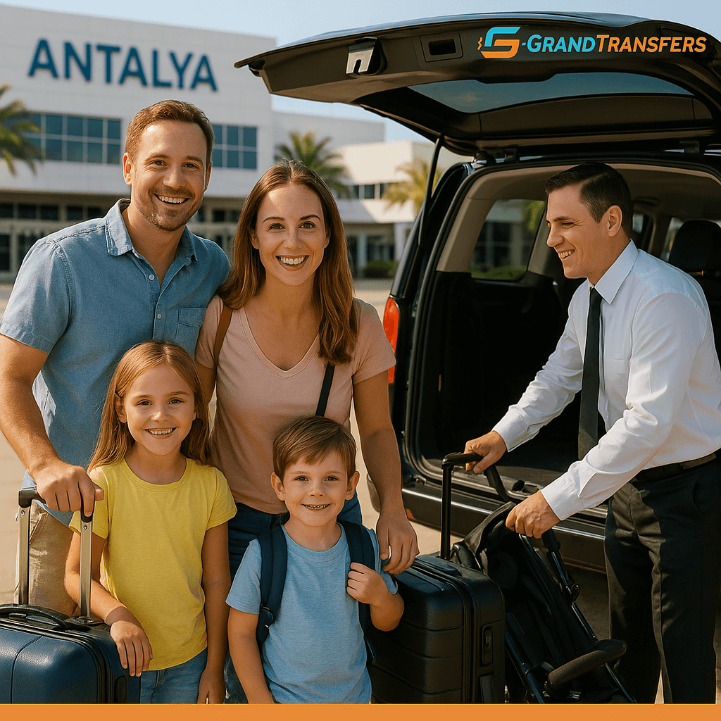 Familie mit Kindern beim Einsteigen in einen privaten Antalya Transfer mit Kindersitz und Gepäck