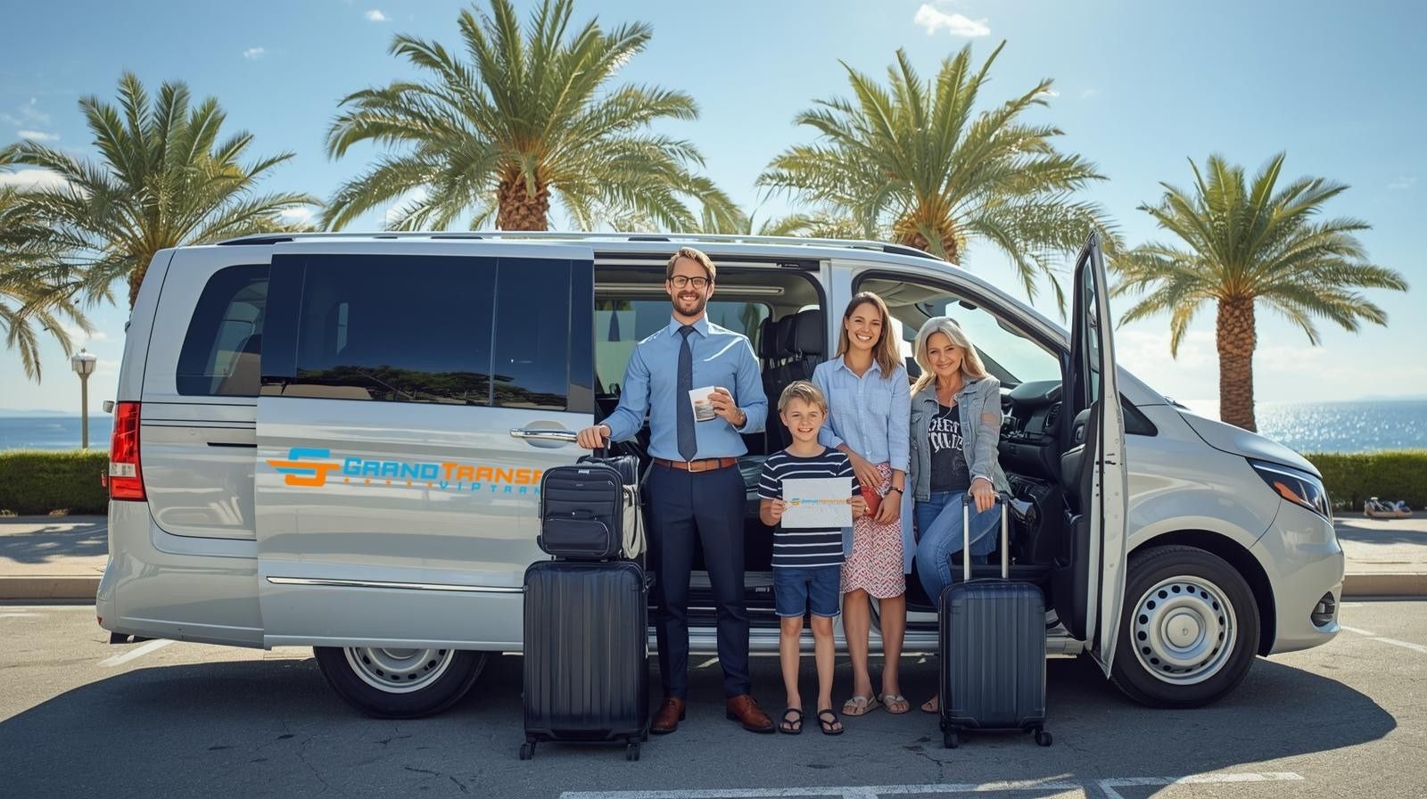 Professioneller Grand Transfers Fahrer empfängt eine Familie mit Gepäck am Flughafen Antalya.