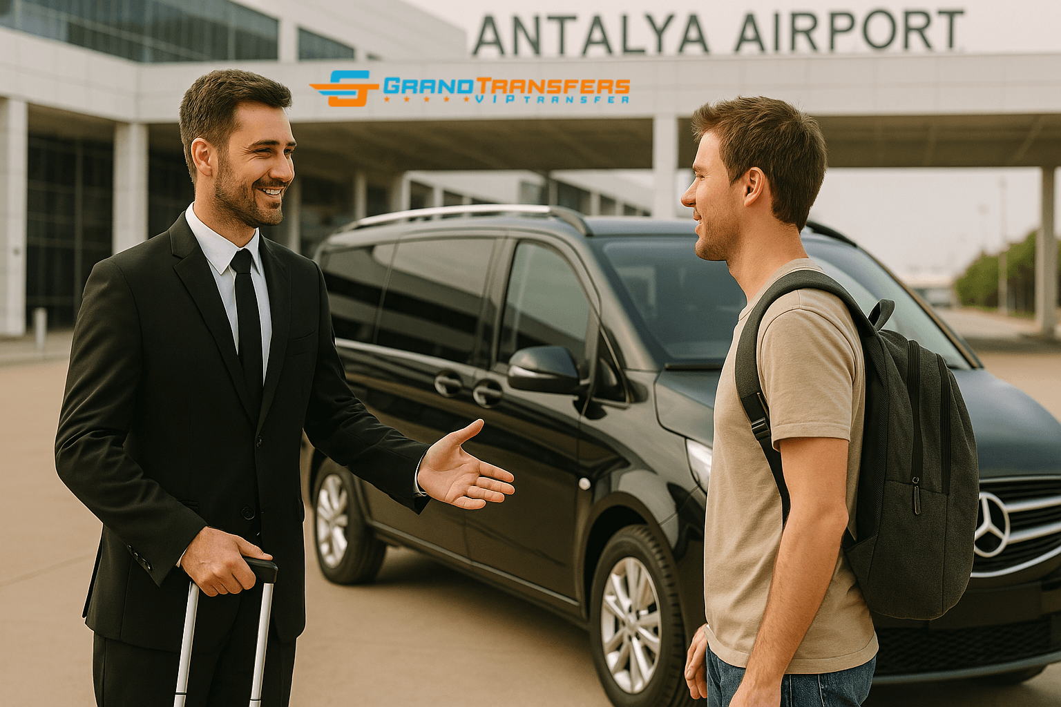 Private Antalya Airport transfer vehicle with driver greeting passenger
