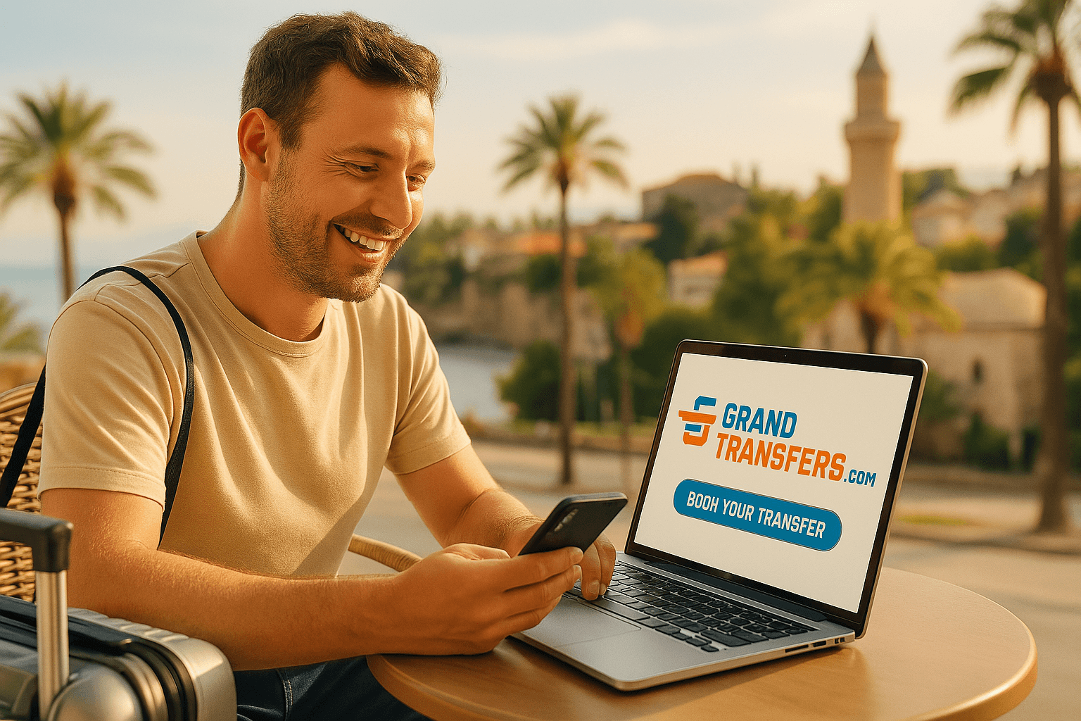 Tourist am Laptop beim Online-Buchen eines Antalya Flughafen Transfers mit Grand Transfers Website im Hintergrund