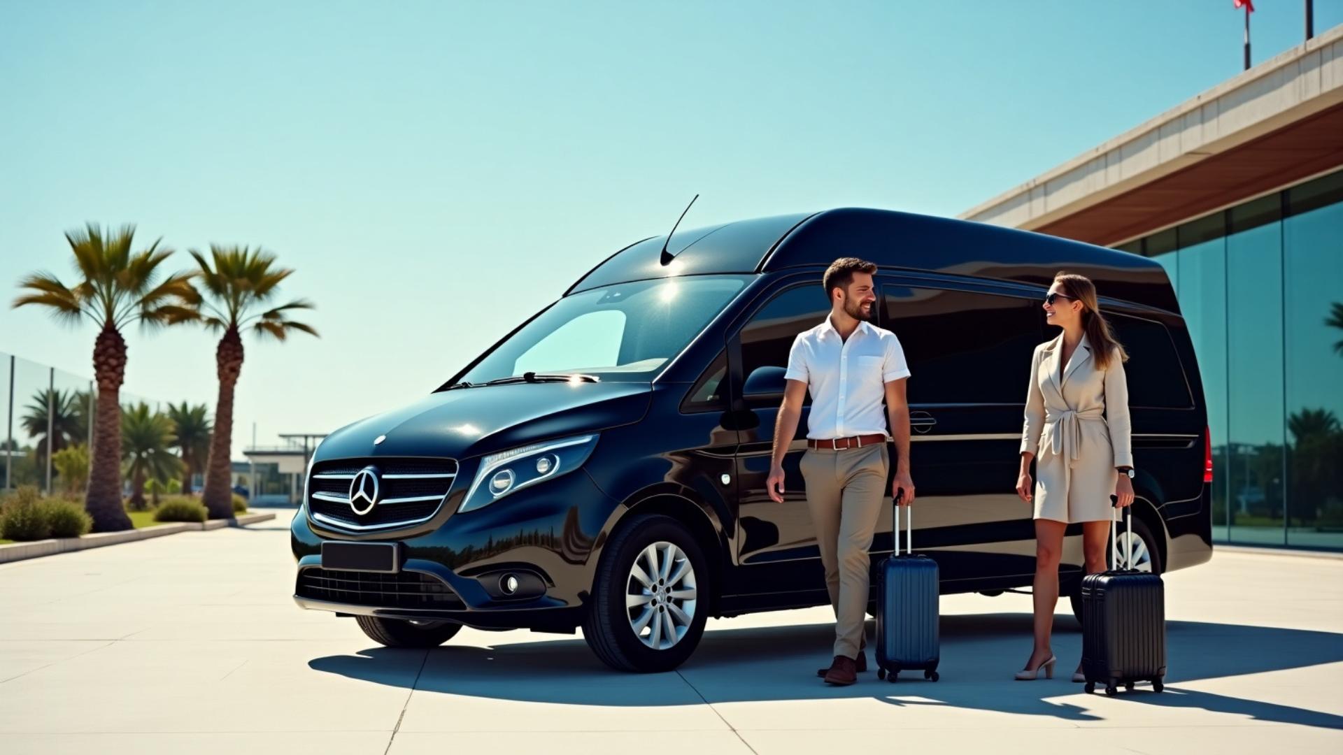 Tourists boarding Grand Transfers vehicle at Antalya Airport for 2025 private transfer services