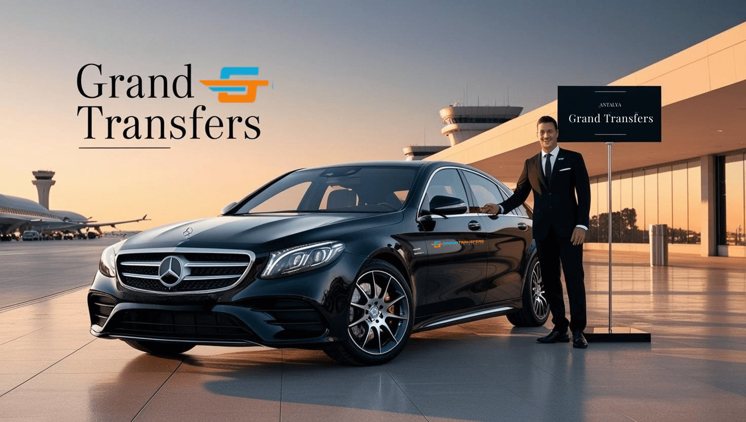 Luxus-VIP-Fahrzeug mit Chauffeur begrüßt Gast am Flughafen Antalya für exklusiven Transfer