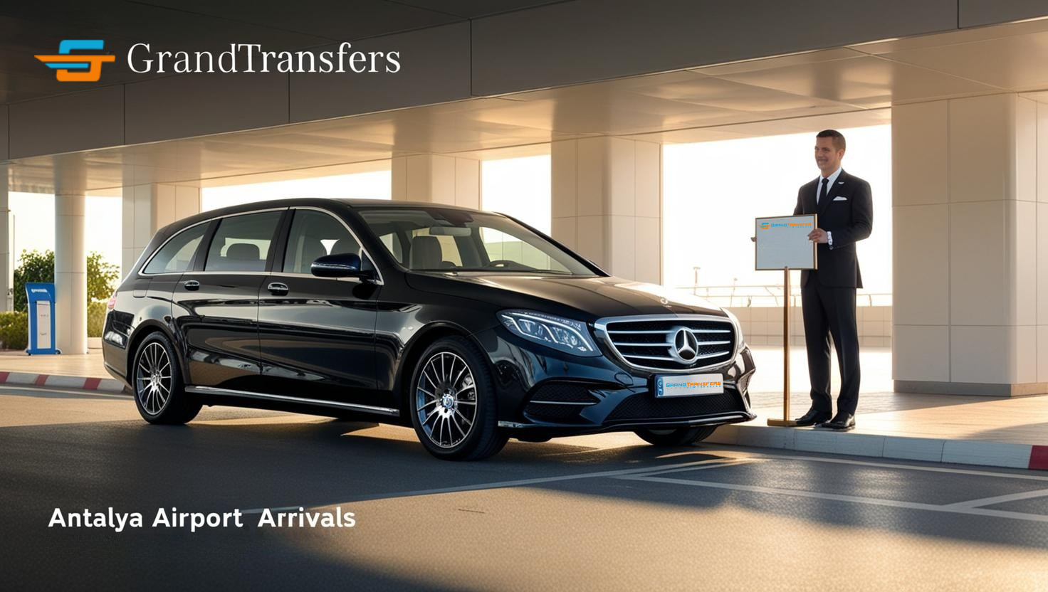 Luxuslimousine wartet am Flughafen Antalya – Chauffeur mit Namensschild begrüßt Gast