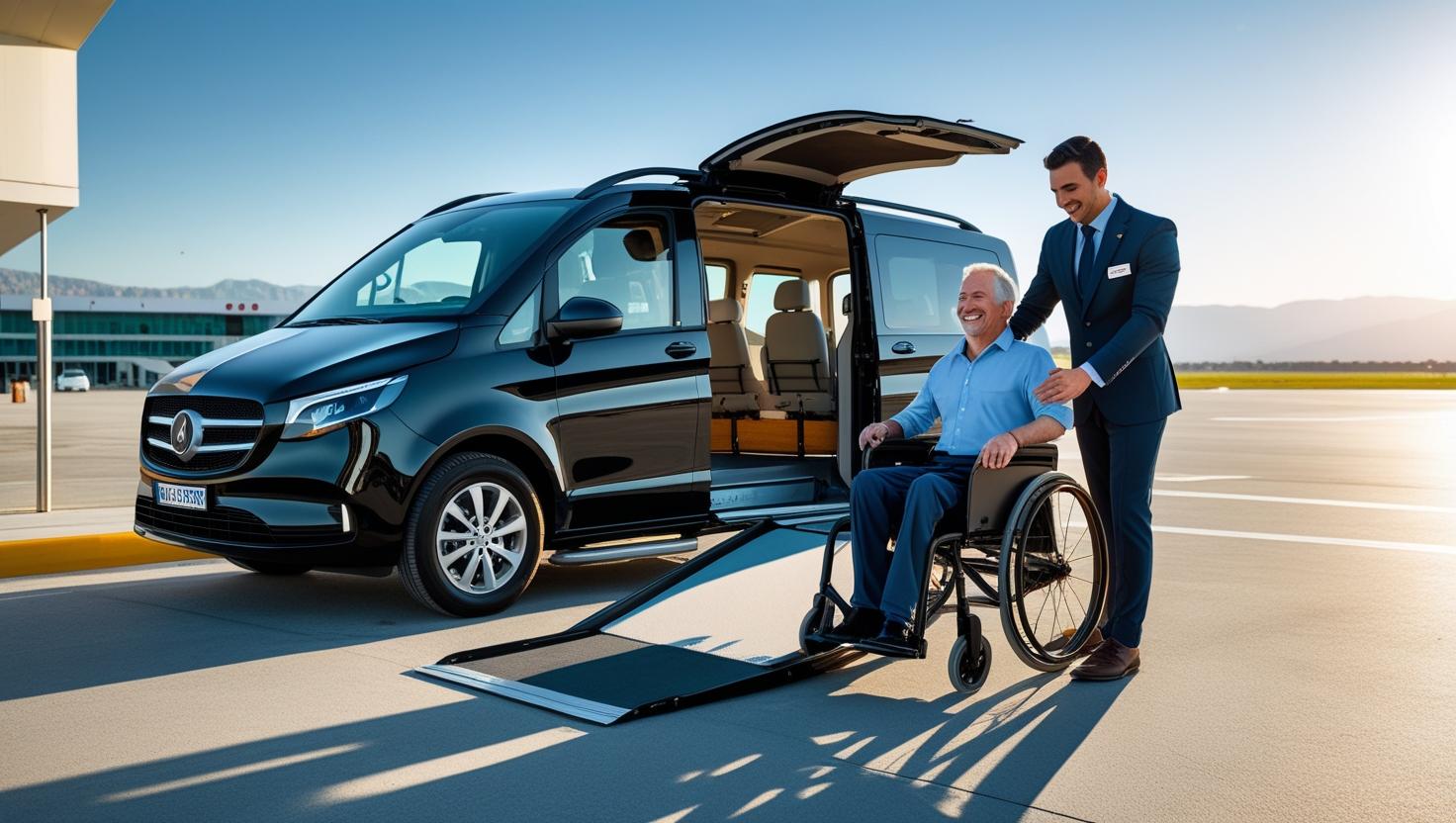 Accessible taxi transfer from Antalya Airport to Side with ramp-equipped vehicle and professional driver assistance.